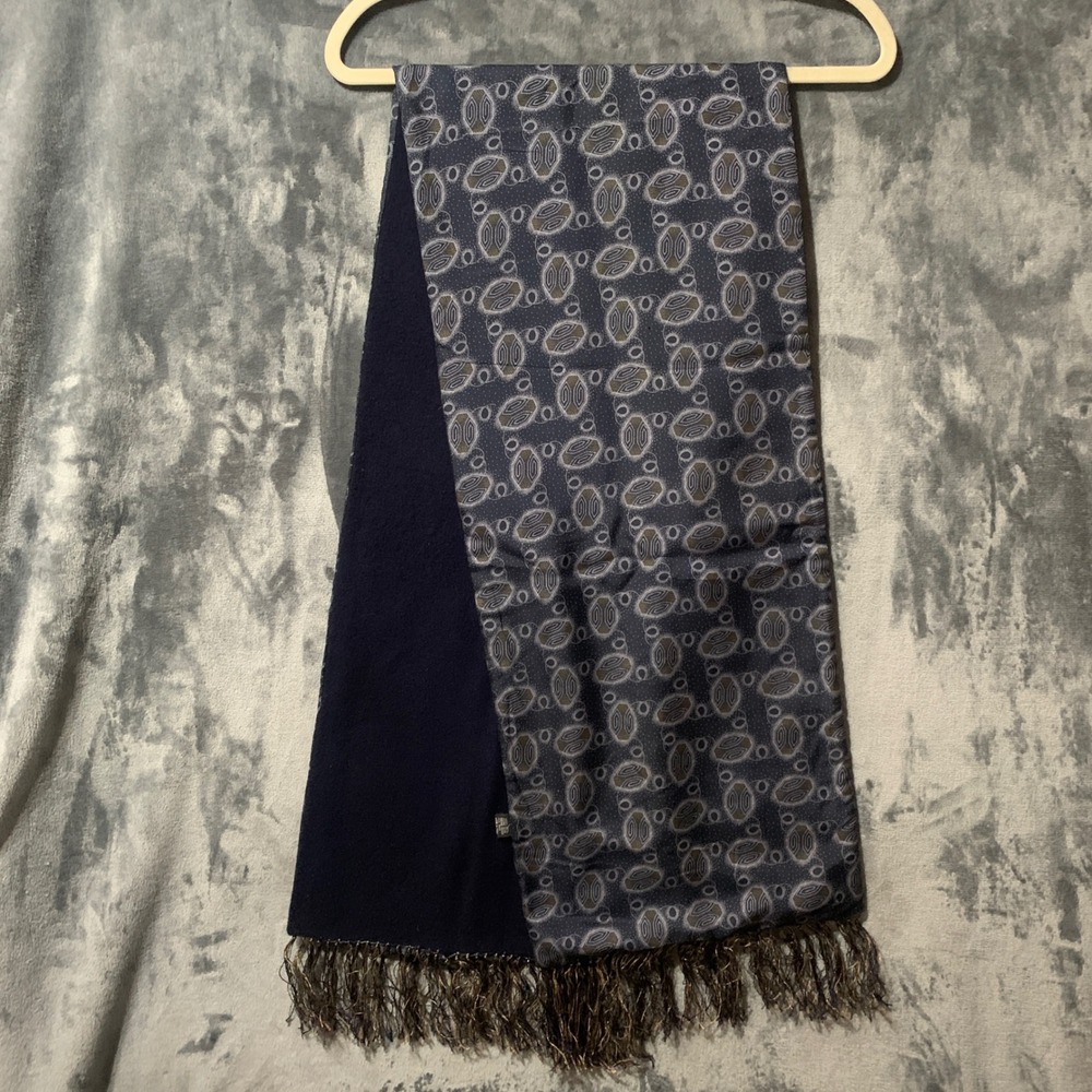 Barneys New York Scarf Mens Silk Wool Reversible Navy Blue Geometric Italy Made